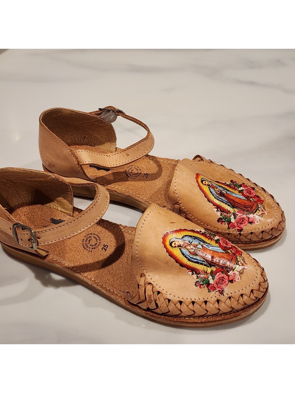 Artesanias Hans Huarache Sandals Virgen de Guadalupe Hand Painted Leather 8